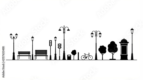 City street infrastructure silhouette vector set including urban lamps, trees, and street furniture.