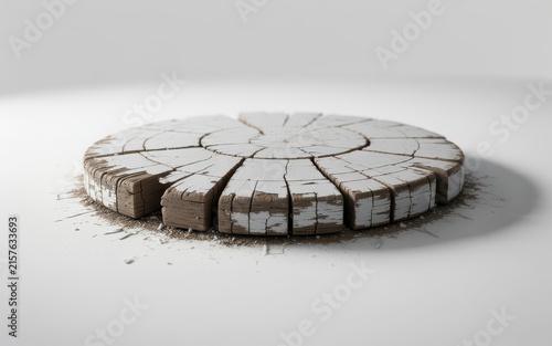 Minimalist circular white cracked wood pedestal for product presentation on neutral surface.