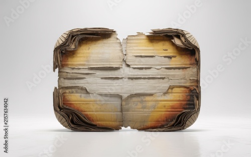 Heavily layered recycled cardboard block with burnt orange stains for abstract art concepts.