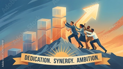 Business team in suits pushing giant glowing cubes up mountain peak toward success arrow.