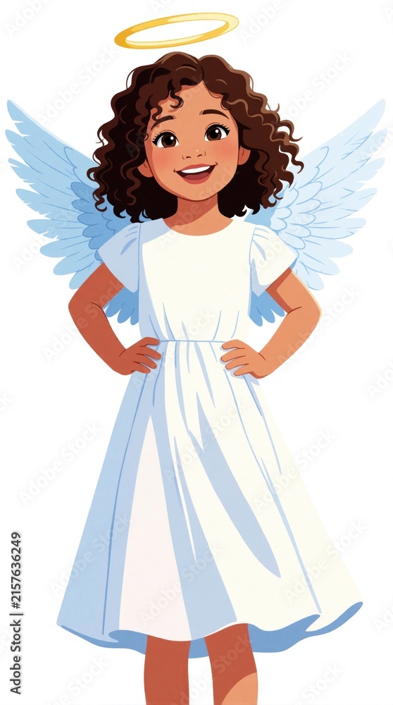 Fototapeta premium Cute cartoon girl with brown curly hair wears white dress, blue wings. She has golden halo above her head, smiles happily against white backdrop. This cheerful angelic child is ready for fantasy.