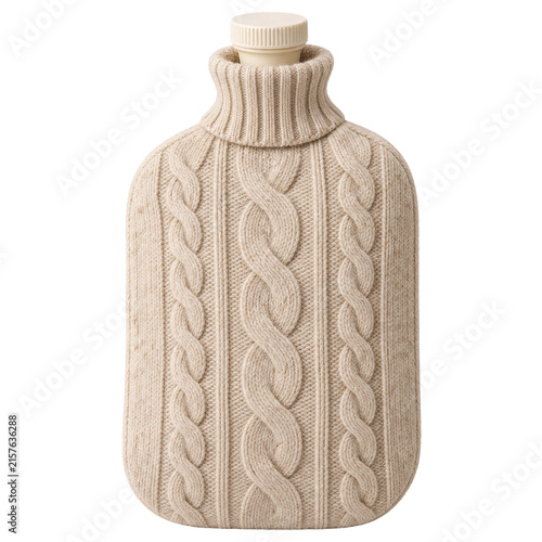 Knitted hot water bottle for winter comfort on transparent background
