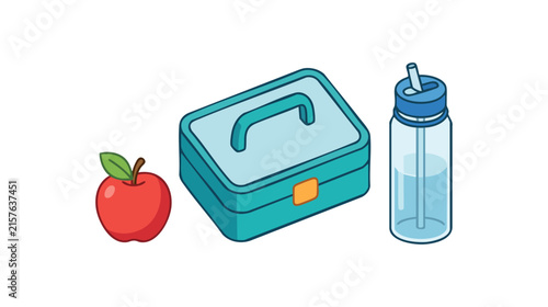 School Lunch Set Featuring A Fresh Red Apple Teal Snack Container And A Clear Reusable Water Bottle For Kids Healthy Midday Meals