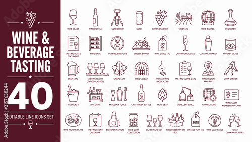 Comprehensive Wine and Beverage Tasting Experience Icons Collection for Professional Menu Design and Hospitality Branding Projects