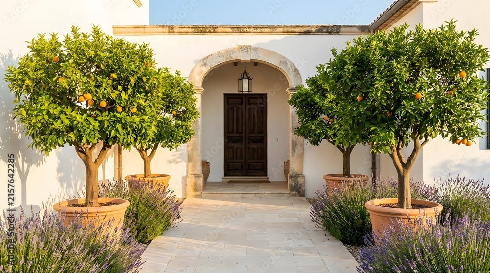 Naklejka premium Charming Mediterranean Villa Entrance with Potted Citrus Trees and Lavender.