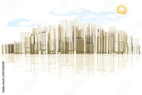 skyline città su sfondo bianco con riflesso.