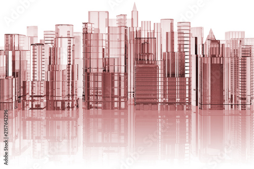 skyline città su sfondo bianco con riflesso.