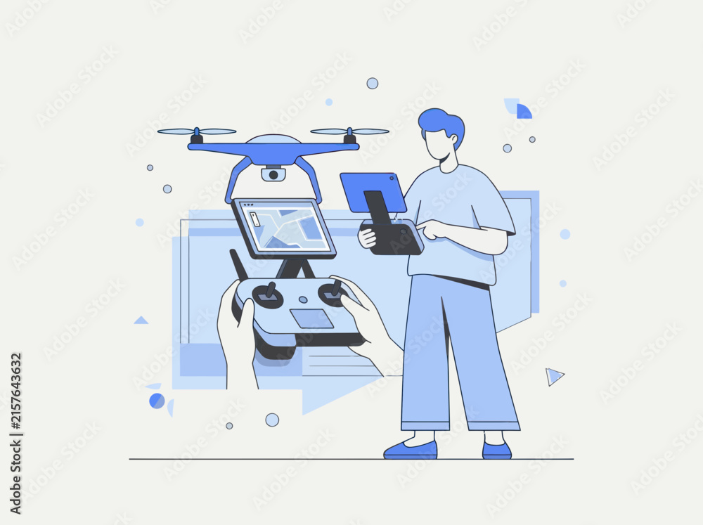 Fototapeta premium Man pilots drone while controlling tablet showing map and map screen