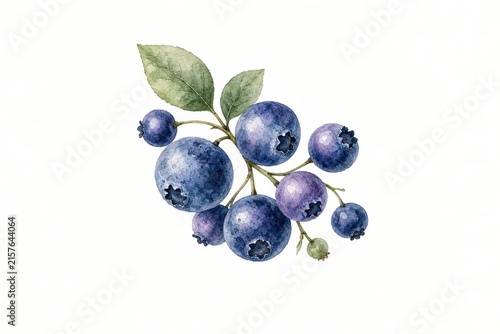 This watercolor illustration shows a delicate branch bearing clusters of blueberries with green leaves against a clean white background.