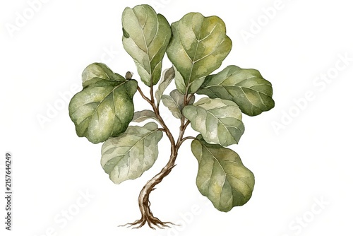 Watercolor botanical illustration of a young leafy plant with exposed roots on a white background.