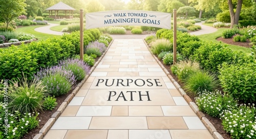 Purpose Path leading to meaningful goals surrounded by a lush garden setting
