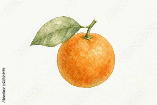Watercolor illustration of a ripe orange fruit with green leaf on white background.