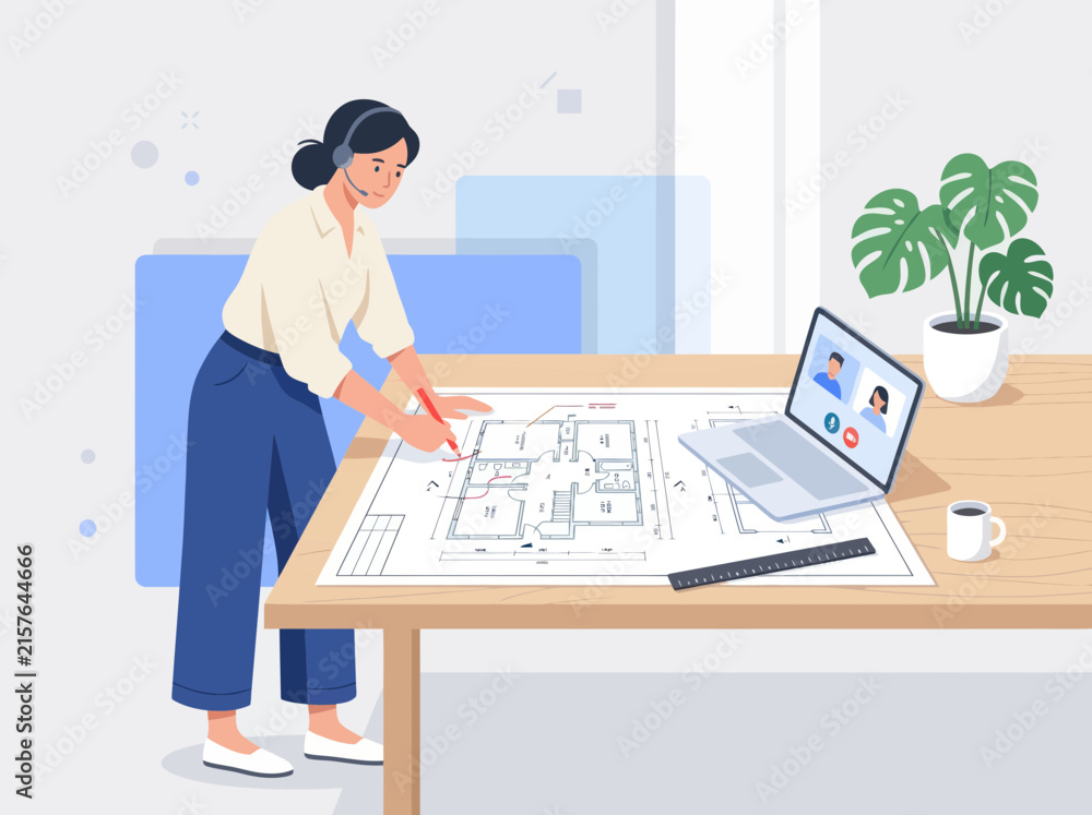 Fototapeta premium Architect woman with headset designs floor plan with remote team via laptop while working at desk