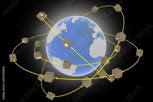 Spedizione intorno al mondo. Pacchi ruotano attorno al globo per essere consegnati.