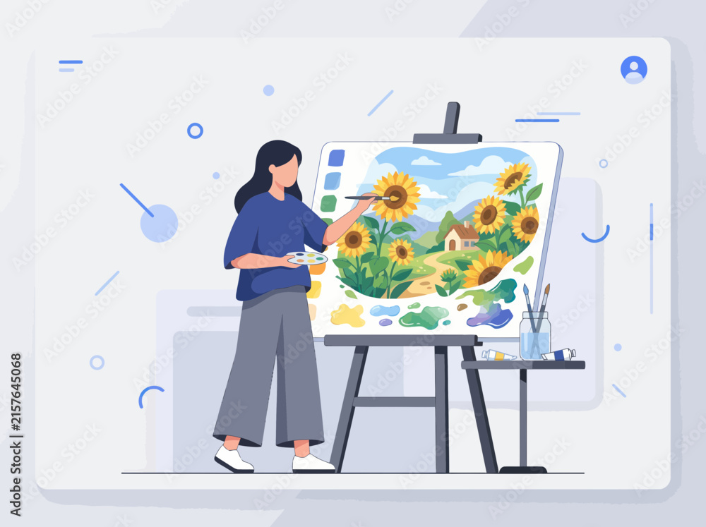 Obraz premium A young woman artist paints a sunflower landscape on canvas while inspired by nature and creativity