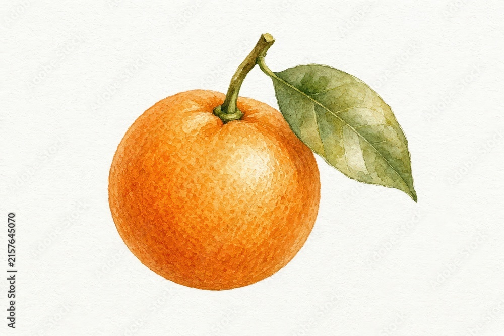 Fototapeta premium Watercolor painting depicts a ripe orange fruit with a small green leaf and stem against a plain white background.