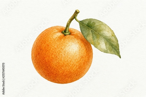 Watercolor painting depicts a ripe orange fruit with a small green leaf and stem against a plain white background.