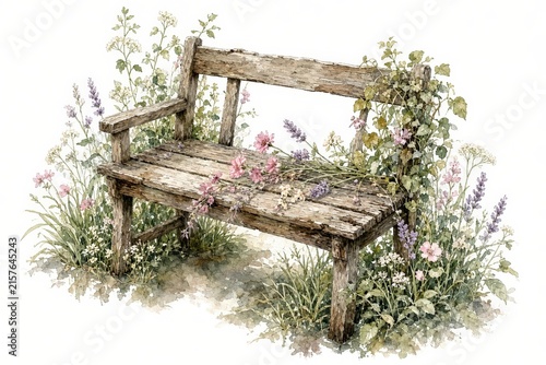 Weathered wooden garden bench surrounded by colorful wildflowers and climbing vines in a peaceful outdoor setting