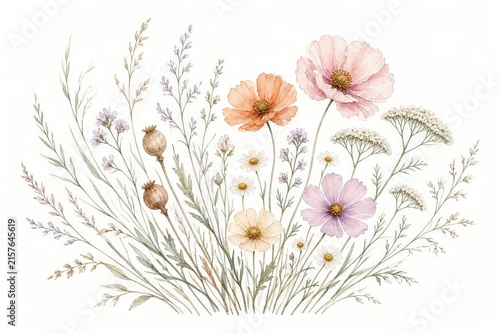 Delicate watercolor illustration of pastel wildflowers and poppy blooms in a soft floral arrangement.