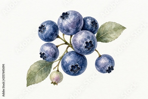 Watercolor illustration of a cluster of ripe blueberries with green leaves.