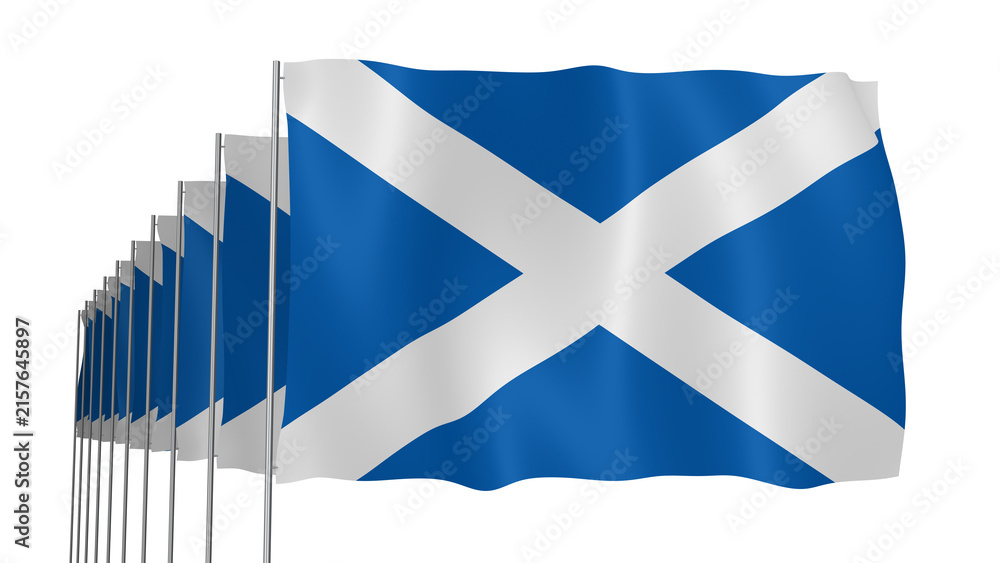 Obraz premium Multiple Scotland Transparent Flags Waving on Blue Sky Background