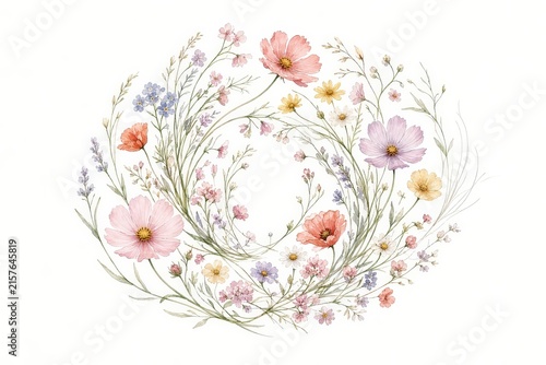 Delicate watercolor floral wreath featuring pastel wildflowers and trailing green foliage arranged in a circular composition.