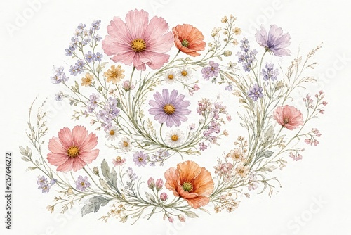 Delicate watercolor wildflowers in soft pink, orange and purple hues arranged in a loose botanical composition.