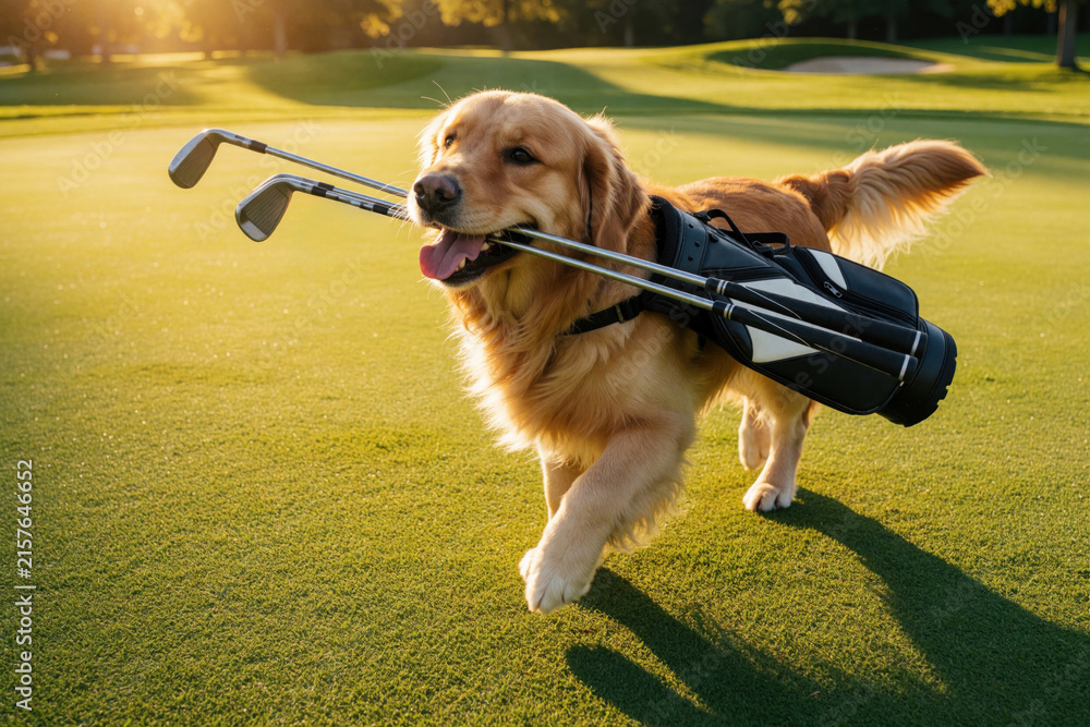 Fototapeta premium Golden retriever carries golf clubs in its mouth walking on grass at sunlit course. Dog wears bag with clubs, enjoys outdoor sport. Pet helps golfer.