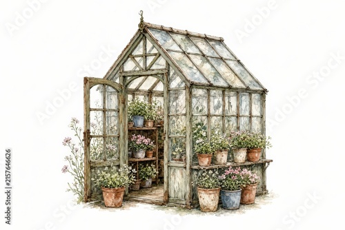 Charming watercolor illustration of a rustic wooden greenhouse filled with potted plants and flowers.