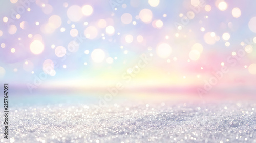 Magical Winter Wonderland Snowy Landscape With Soft Pastel Bokeh Lights Background