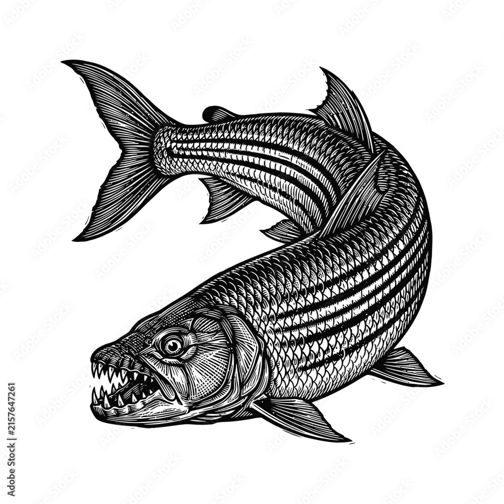 Fototapeta premium Isolated vintage engraved illustration of a fish in a retro woodcut style, featuring detailed scales and fins, perfect for nautical and marine designs.