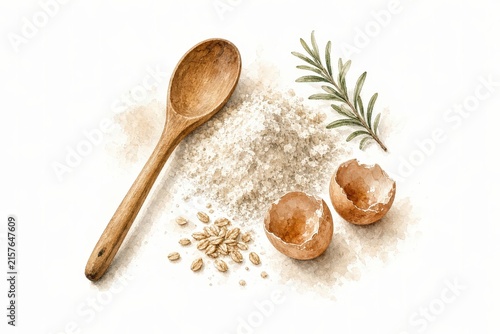 Watercolor illustration of a wooden spoon, broken eggshells, scattered seeds, flour, and a rosemary sprig arranged on white