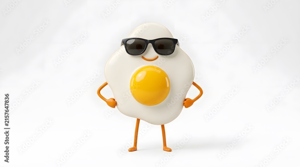 Obraz premium Cute fried egg character wearing sunglasses standing on a white background