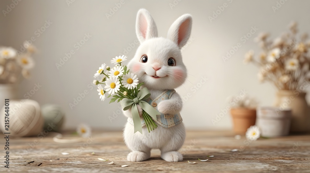 Fototapeta premium Cute white rabbit holding a bouquet of daisies, adorable spring animal character portrait.
