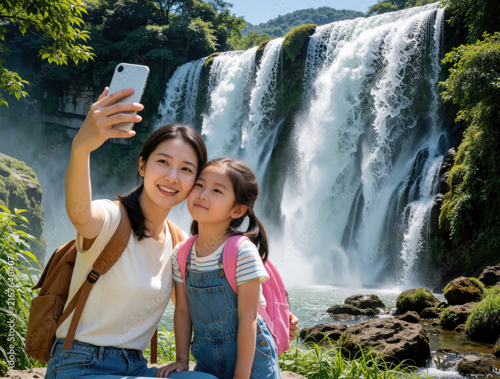 Fototapeta premium Mother and daughter take selfie at majestic waterfall. Family enjoys nature beauty and makes memories together on a summer vacation trip. Active lifestyle people explore wilderness.