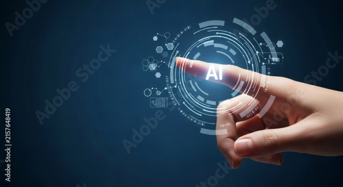 Human Finger Touching a Futuristic Digital Interface Representing Artificial Intelligence Technology and Data Connection Network System