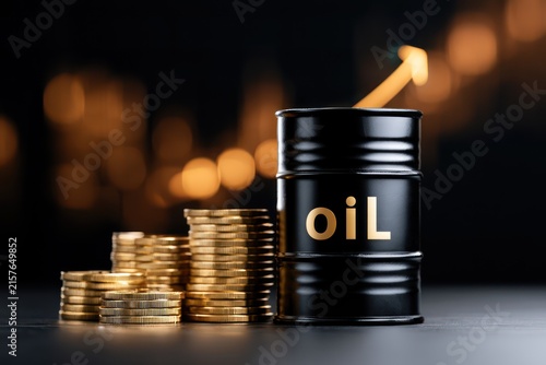 Crude oil market surge with barrel and gold coins