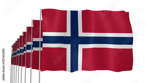 Multiple Norway Transparent Flags Waving on Blue Sky Background