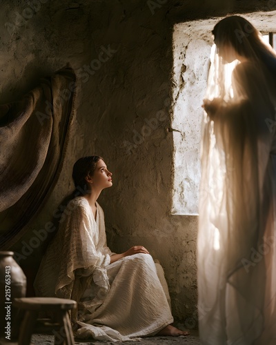The annunciation angel gabriel appears to the virgin mary in a humble room, delivering the divine message