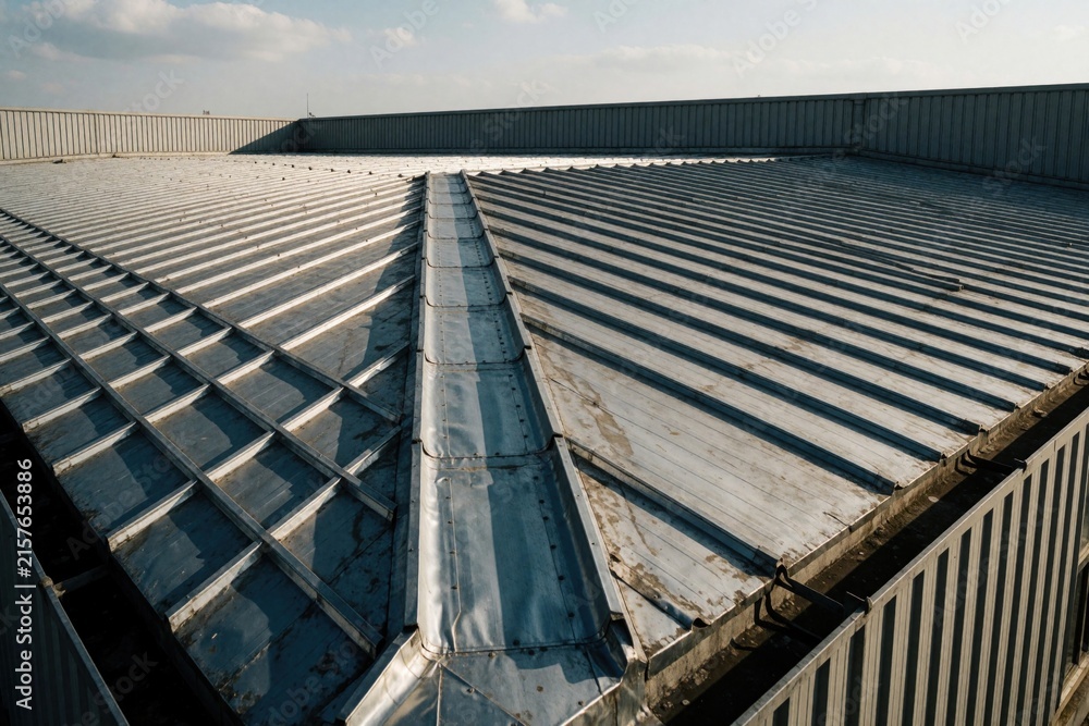 Fototapeta premium Large industrial building with corrugated metal roof and gutter system. Construction details, building exterior structure and overhead perspective.