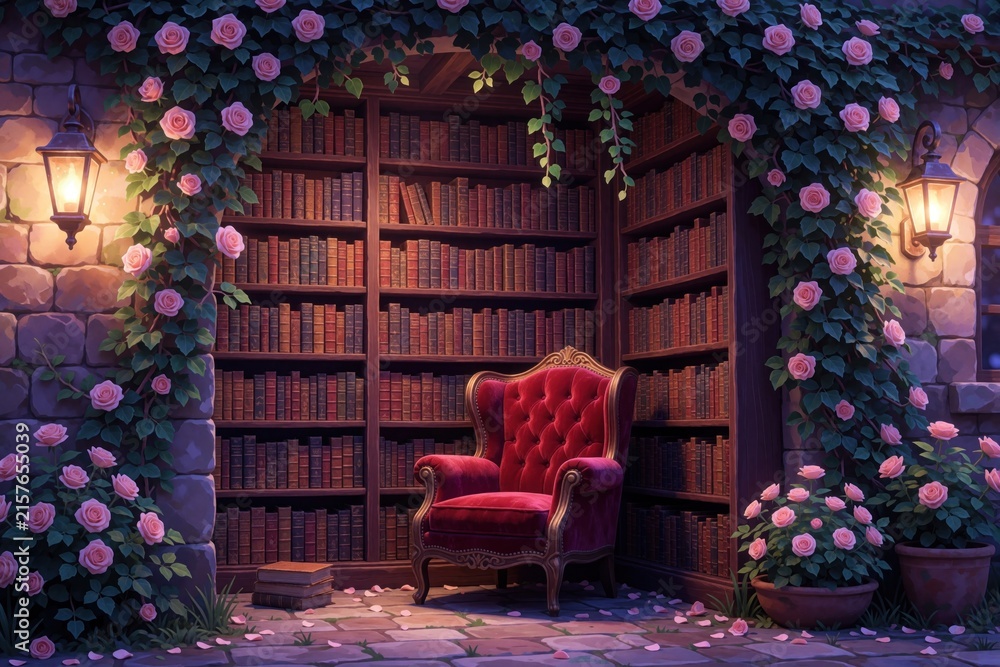 Fototapeta premium Cozy reading nook with red velvet armchair in vintage library. Pink rose vines grow on stone wall near tall bookshelves. Warm lantern light glows in evening garden. Dreamy magical atmosphere for