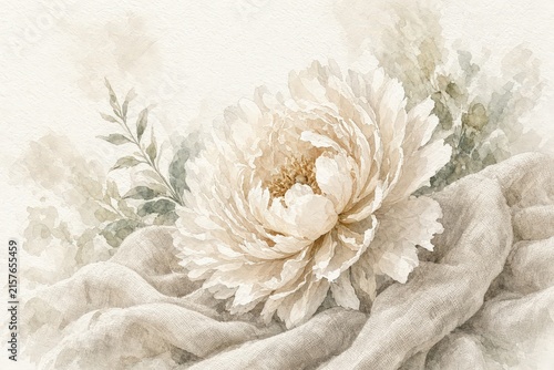 A delicate white peony flower rests on soft crumpled fabric in a gentle watercolor illustration style with muted beige and green tones.