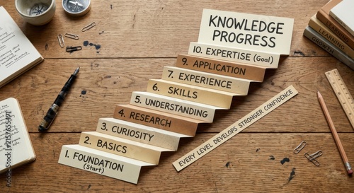 Conceptual Staircase of Knowledge and Progress with Labeled Steps and Motivational Quote