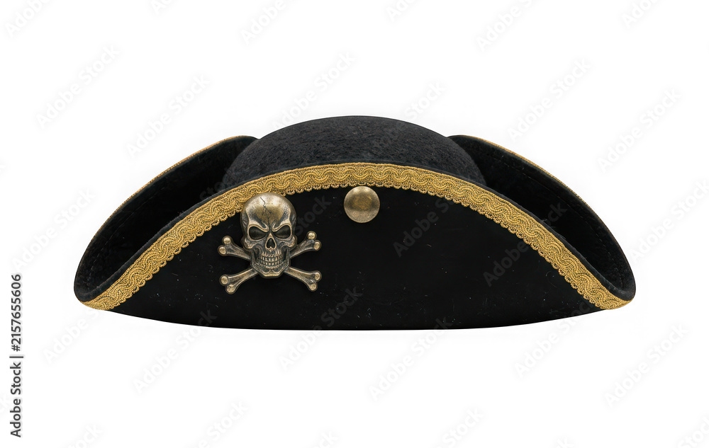 Naklejka premium A clean black pirate tricorn hat with gold trim and a bronze skull emblem isolated on transparent background