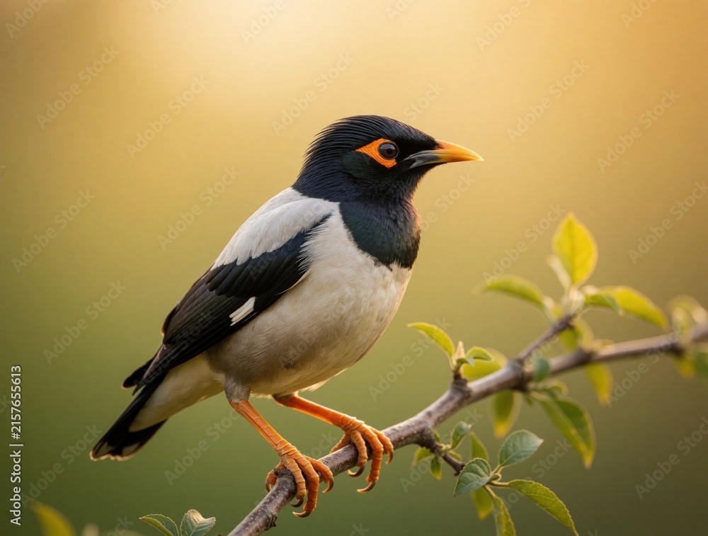 Fototapeta premium Asian pied starling perches on tree branch. Bird with black white plumage and orange beak watches intently. Natural habitat background at sunrise sunset.