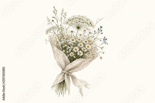 Delicate wildflowers including queen annes lace and small daisies are arranged in a charming rustic bouquet