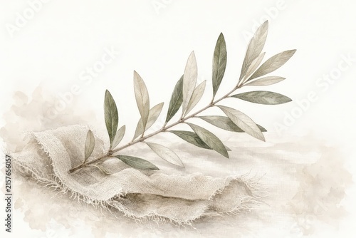Delicate olive branch resting atop soft textured linen fabric in muted watercolor tones.