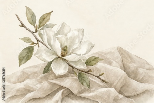 Delicate white magnolia bloom rests gracefully upon soft draped beige fabric.