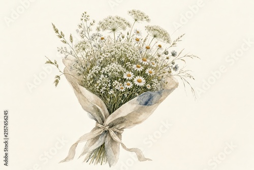 A delicate bouquet of wildflowers including daisies and queen annes lace wrapped in soft beige paper tied with a ribbon.