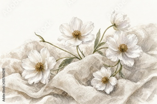 Delicate white anemone flowers rest gently upon a piece of textured, creamcolored fabric.